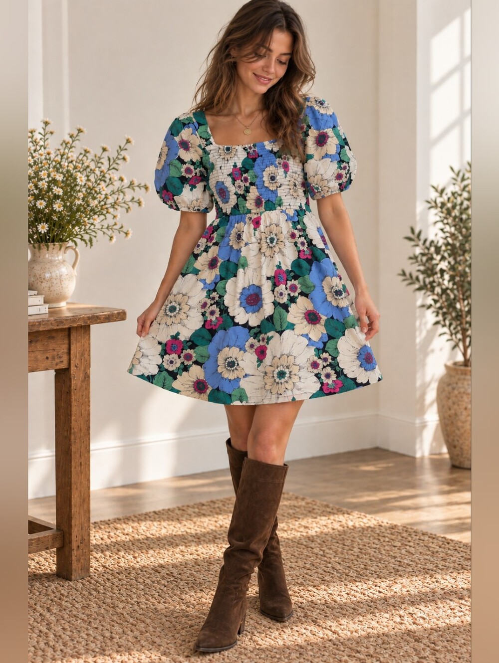 Gap Cottagecore Floral Babydoll Mini Dress Smocked Puff Sleeve XS Coquette NWT